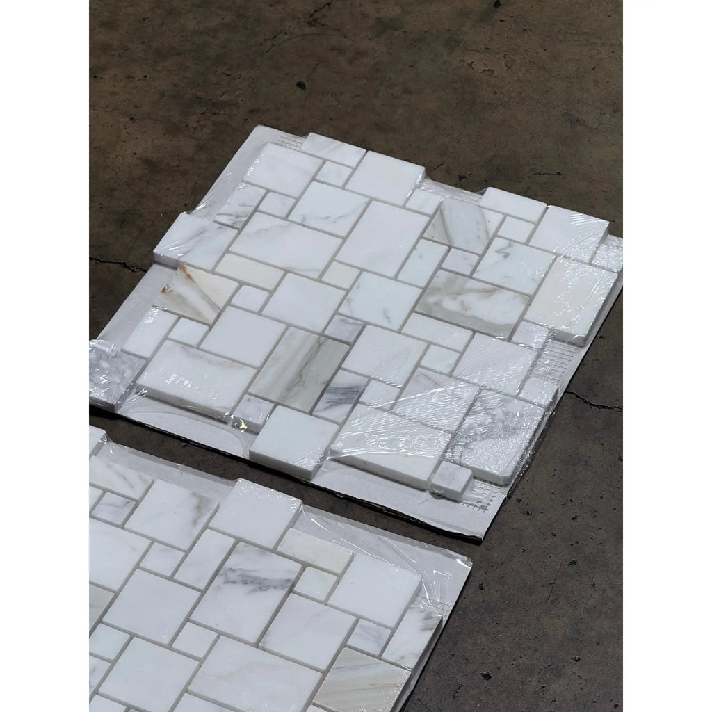 Marble mosaic tile sheets featuring Calacatta Gold Mini-Versailles pattern in polished or honed finish