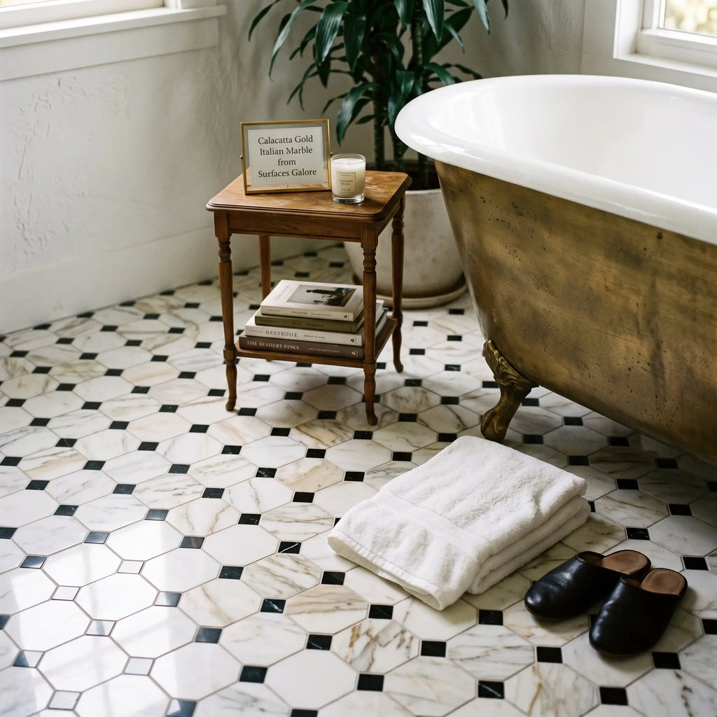 Antique brass clawfoot bathtub with white porcelain interior next to polished calacatta gold octagon mosaic marble tile