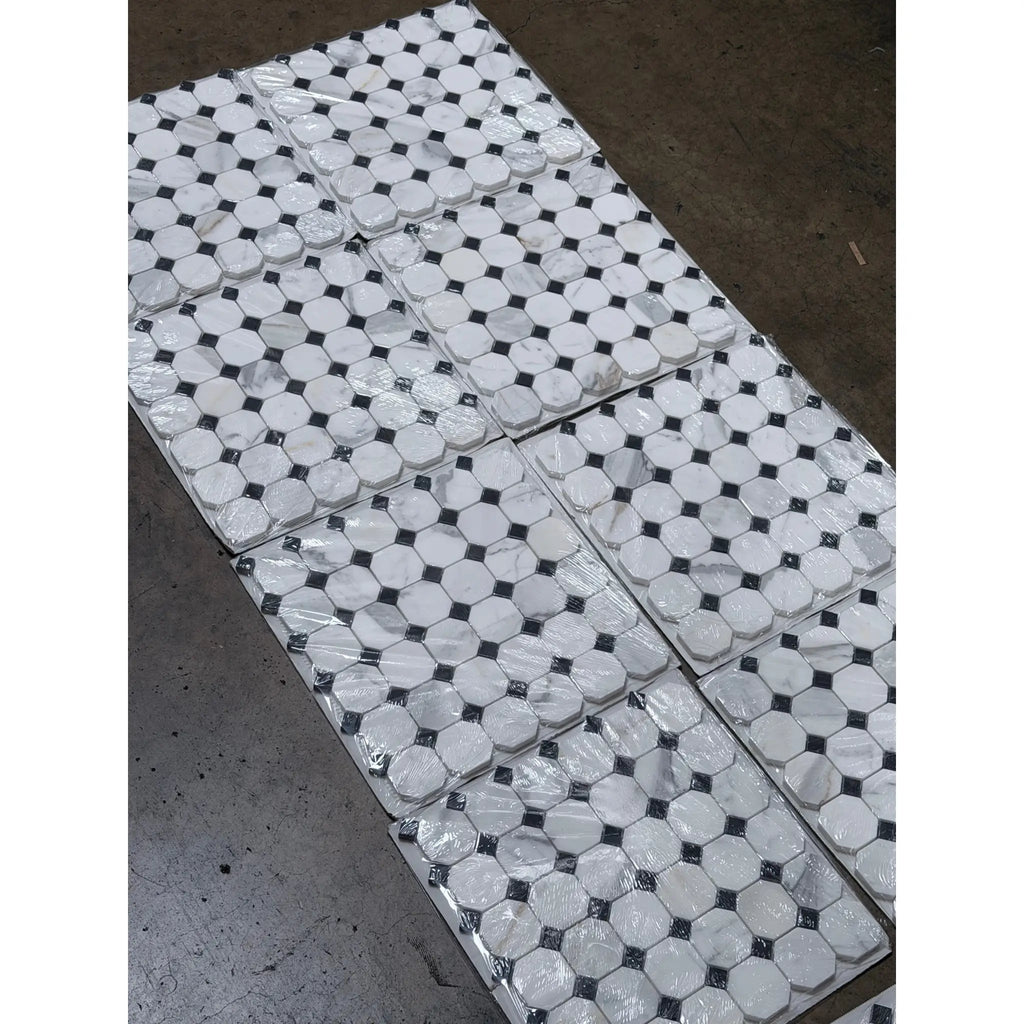 White marble calacatta gold octagon mosaic tile with black diamond accents polished or honed packaged in clear plastic