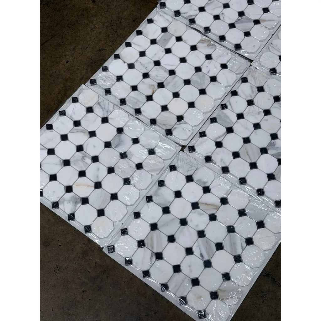 White marble calacatta gold octagon mosaic tile with black diamond accents in polished or honed finish