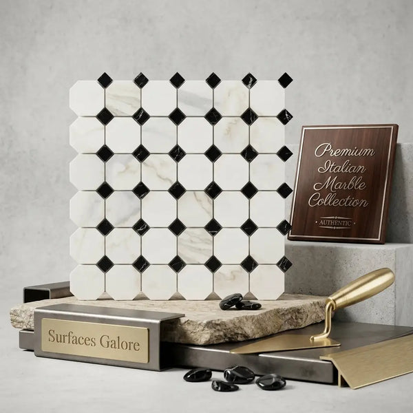 Calacatta gold octagon mosaic marble tile polished or honed with white and black diamond-patterned design