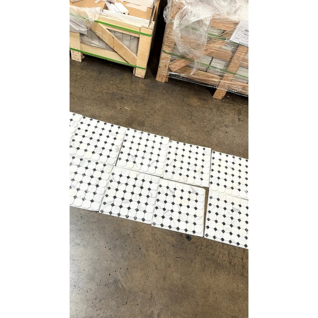 Calacatta gold octagon mosaic marble tile polished or honed featuring white marble subway tiles with black diamond accents arranged in grid pattern