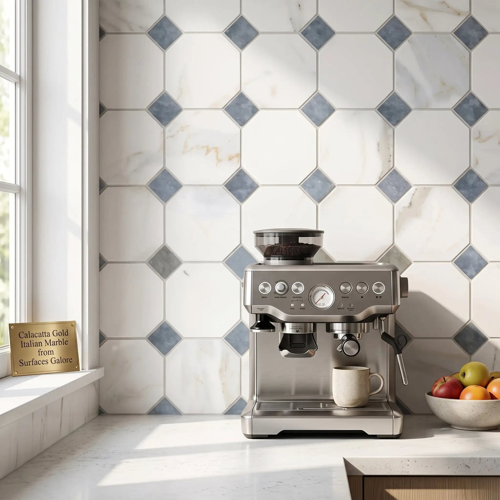Stainless steel espresso machine with sleek modern design and multiple control knobs on calacatta gold octagon mosaic tile background