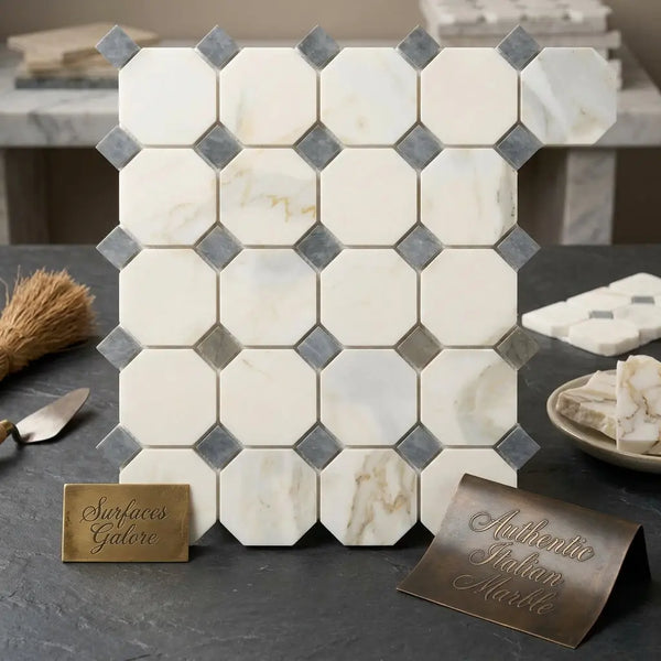 Calacatta gold octagon polished marble tile with white base and gray diamond-shaped mosaic accents in geometric pattern