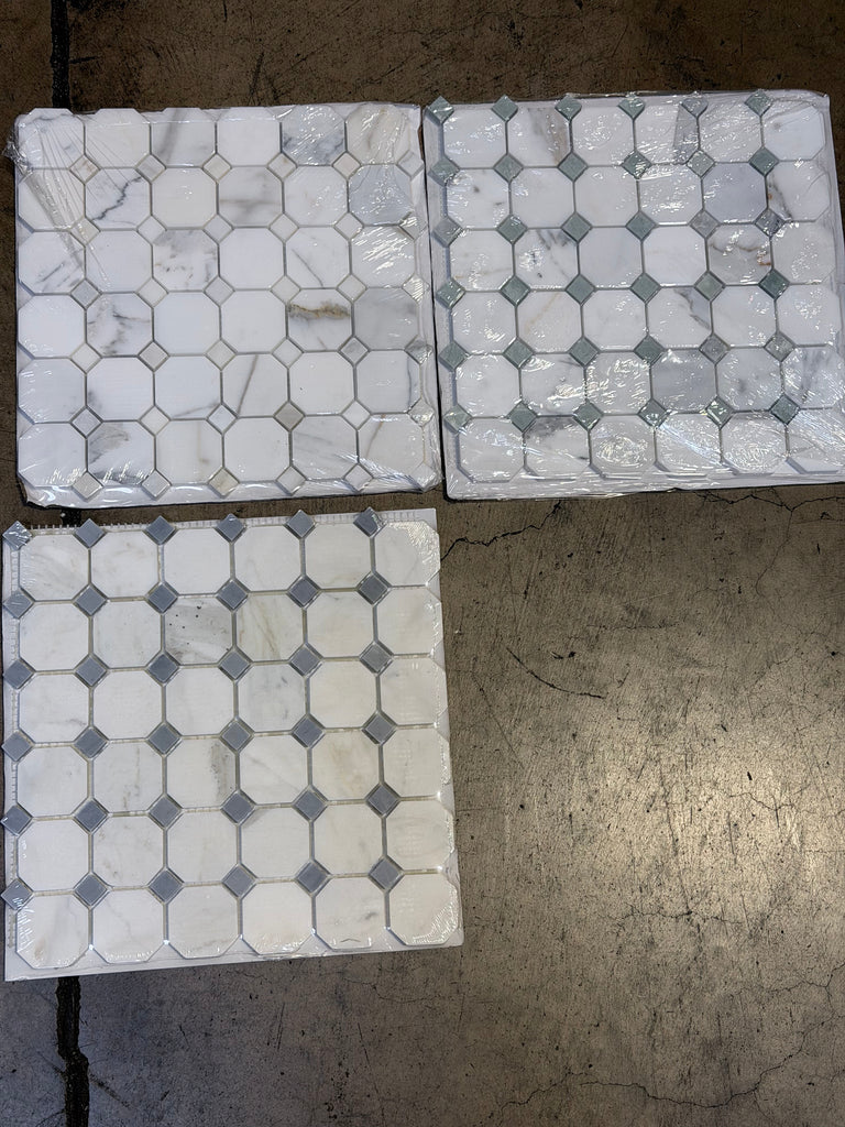 Calacatta Gold Octagon mosaic marble tile in white, gray, and blue-gray, polished, geometric pattern, wrapped in plastic