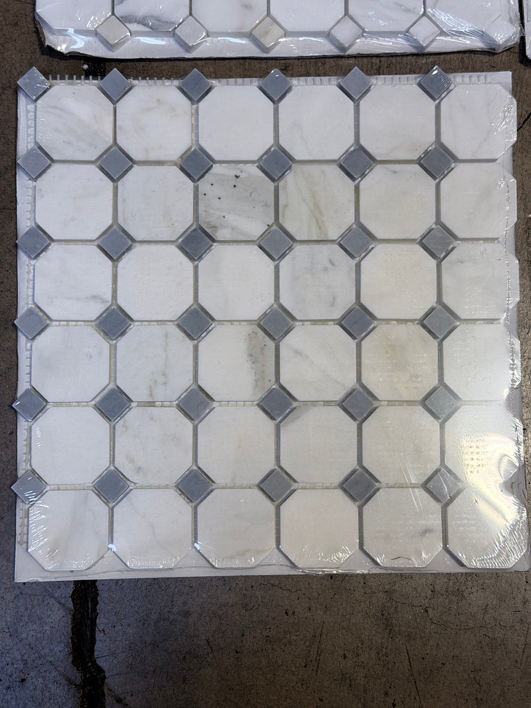 Calacatta Gold Octagon mosaic marble tile in polished white with gray diamond accents