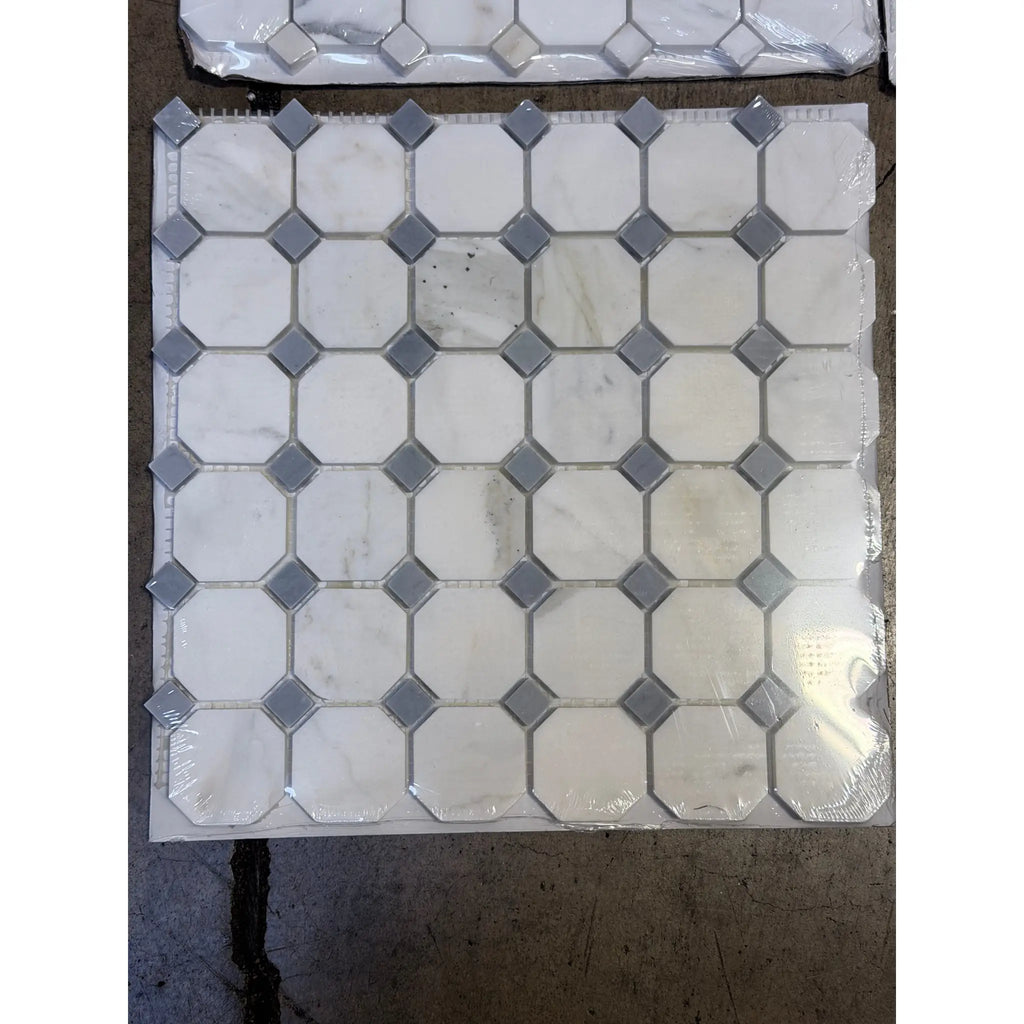 Calacatta Gold Octagon mosaic marble tile in polished white with gray diamond accents