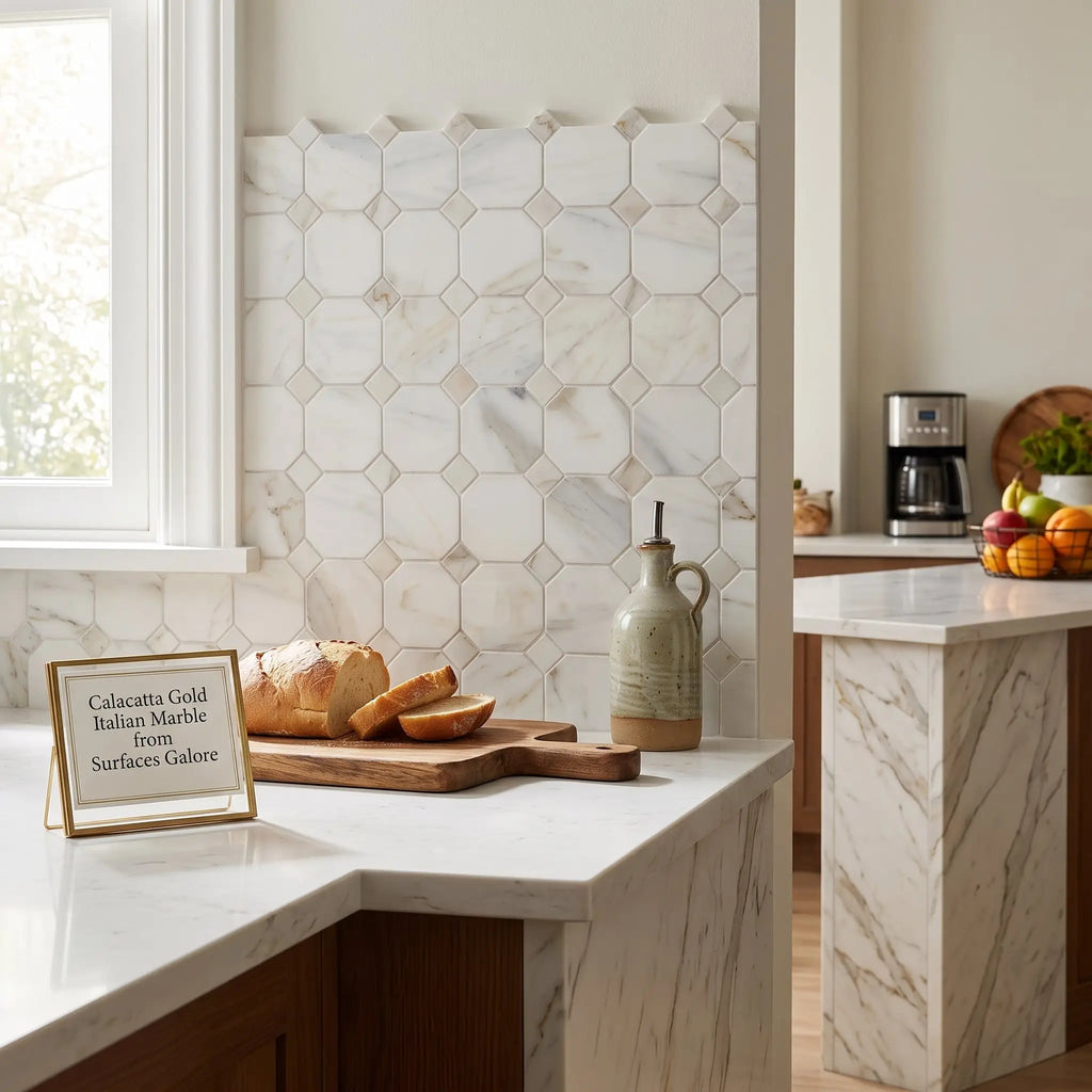 Calacatta gold octagon mosaic marble tile with polished calacatta gold countertop featuring subtle veined pattern