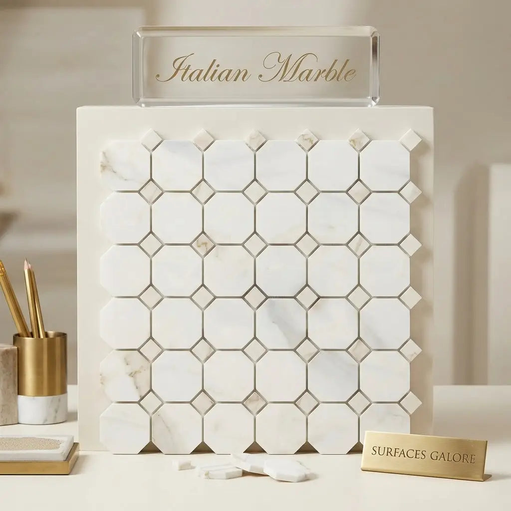 White italian calacatta gold octagon mosaic marble tile panel with geometric hexagonal and diamond pattern polished or honed