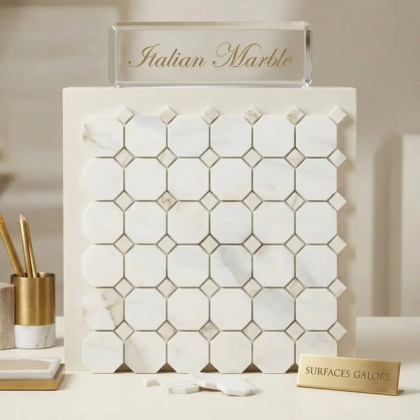 White italian calacatta gold octagon mosaic marble tile panel with geometric hexagonal and diamond pattern polished or honed