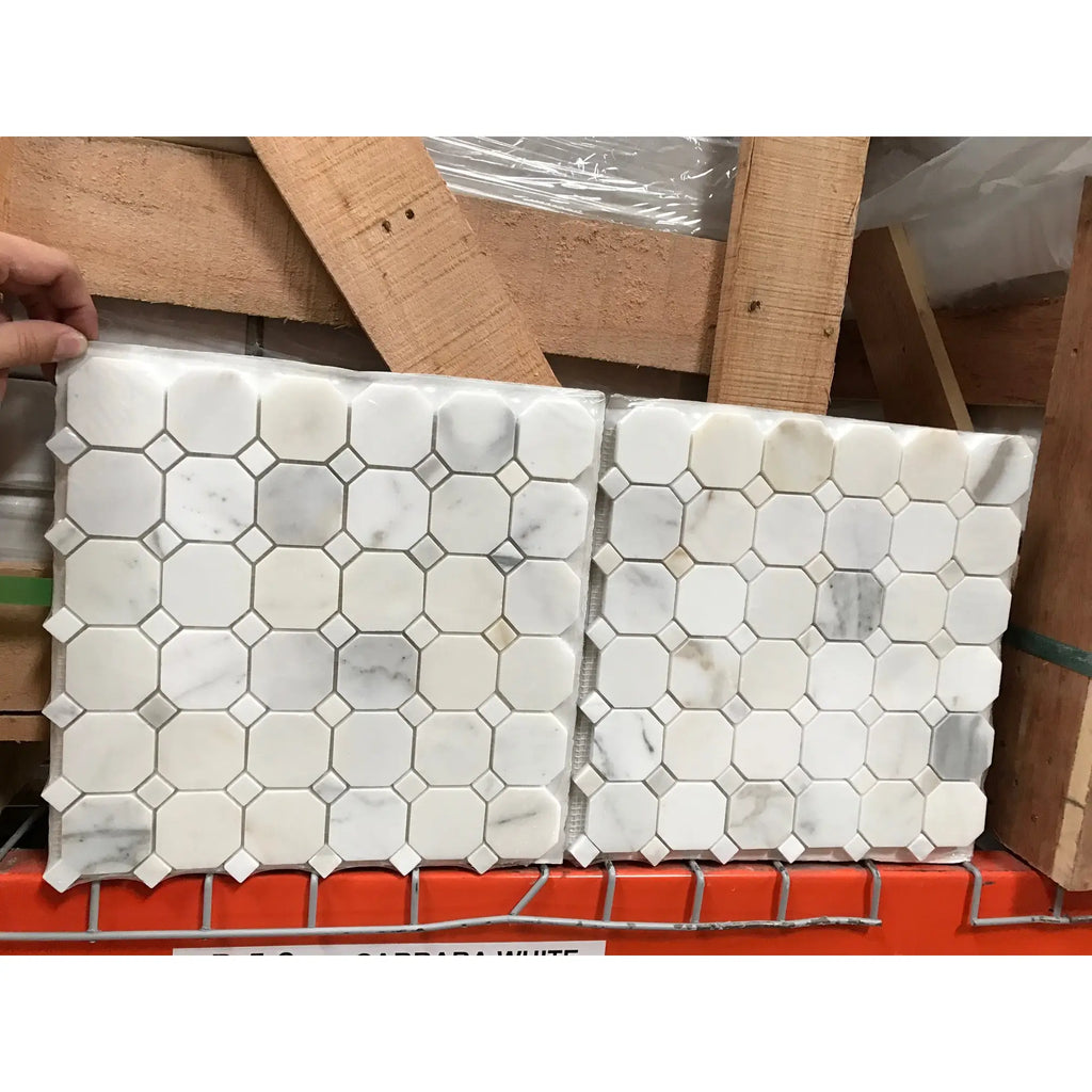 Calacatta gold octagon polished marble mosaic tile with white carrara hexagonal pattern and diamond accents