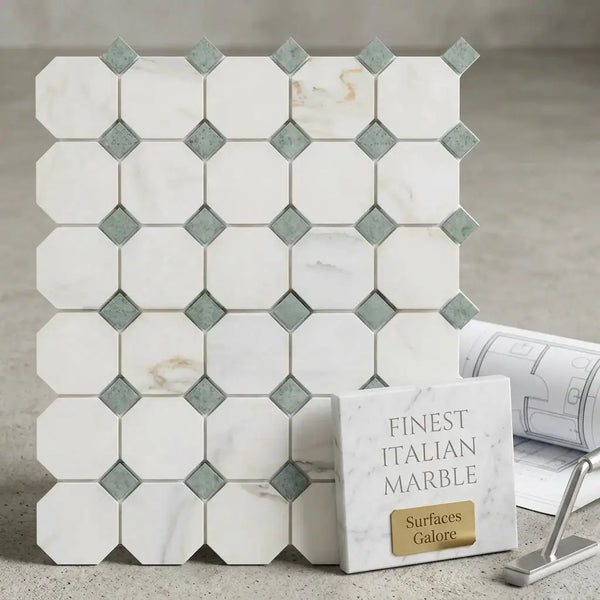 White marble mosaic tile panel with calacatta gold octagon and ming green geometric pattern polished or honed finish