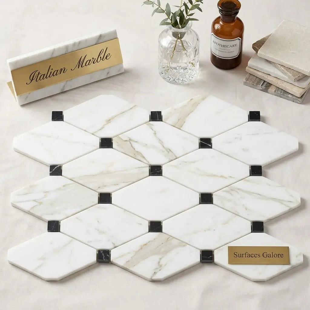 White italian calacatta gold octave long octagon mosaic marble tile with black accents polished or honed