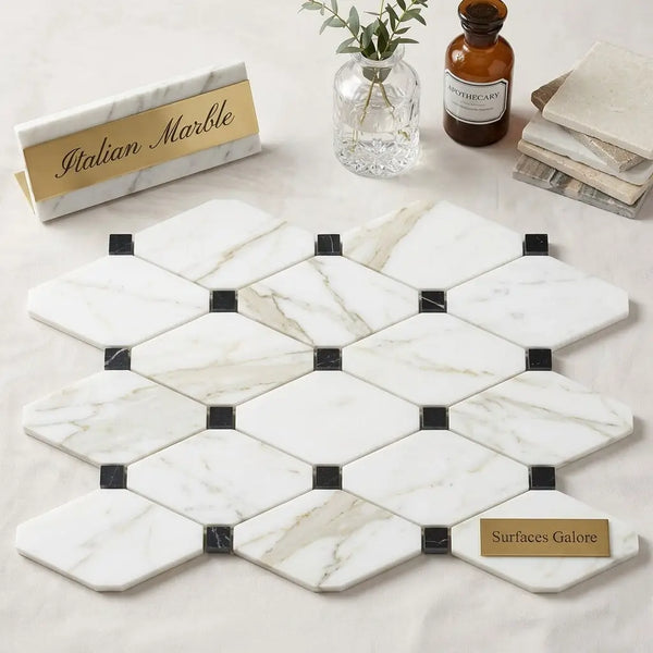 White italian calacatta gold octave long octagon mosaic marble tile with black accents polished or honed