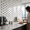 Black and white hexagonal mosaic marble tile backsplash featuring Calacatta Gold octave long octagon polished finish