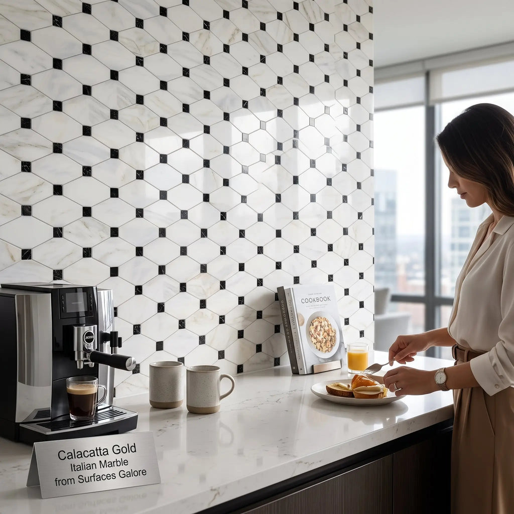 Black and white hexagonal mosaic marble tile backsplash featuring Calacatta Gold octave long octagon polished finish
