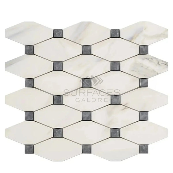 Calacatta Gold Octave Long Octagon Mosaic Marble Tile with Blue-Gray Polished Finish