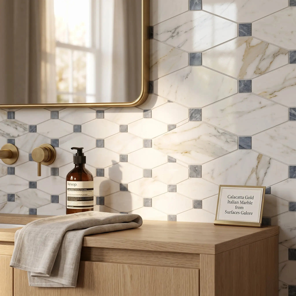 Calacatta gold octave long octagon mosaic marble tile with white and gold veined marble and blue-gray accents