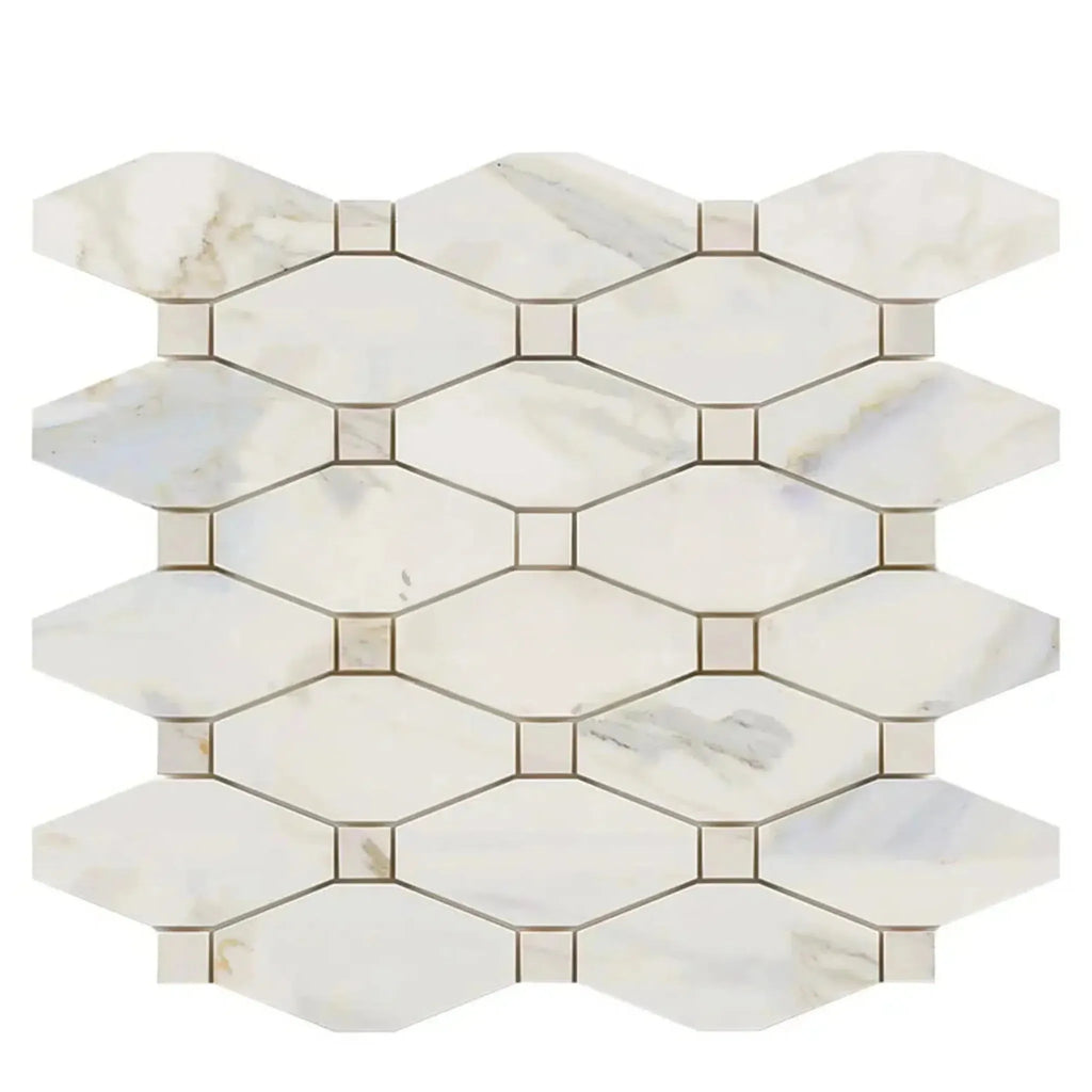 Marble mosaic tile sheet featuring Calacatta Gold Octave Long Octagon design