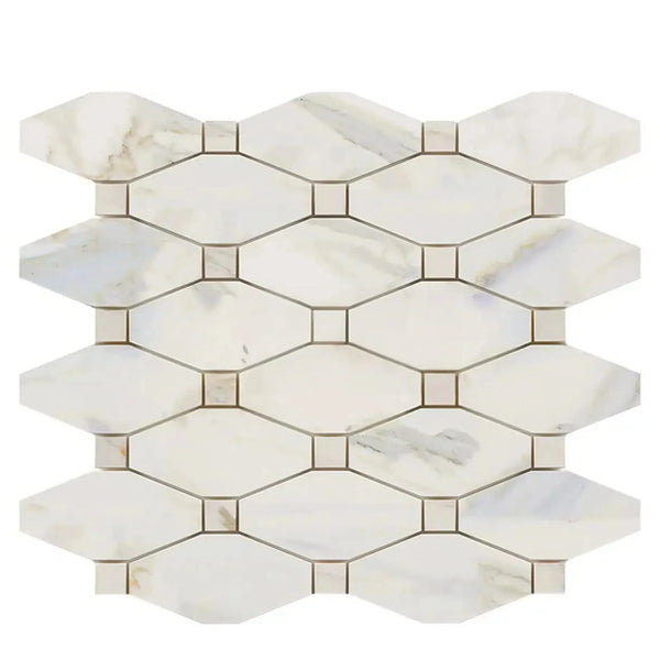 Marble mosaic tile sheet featuring Calacatta Gold Octave Long Octagon design