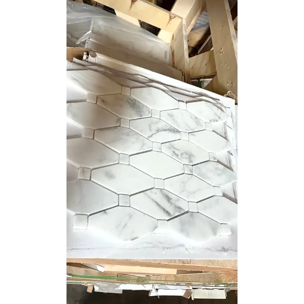 Calacatta gold octave polished marble tile panel with white marble-effect hexagonal shape and subtle gray veining
