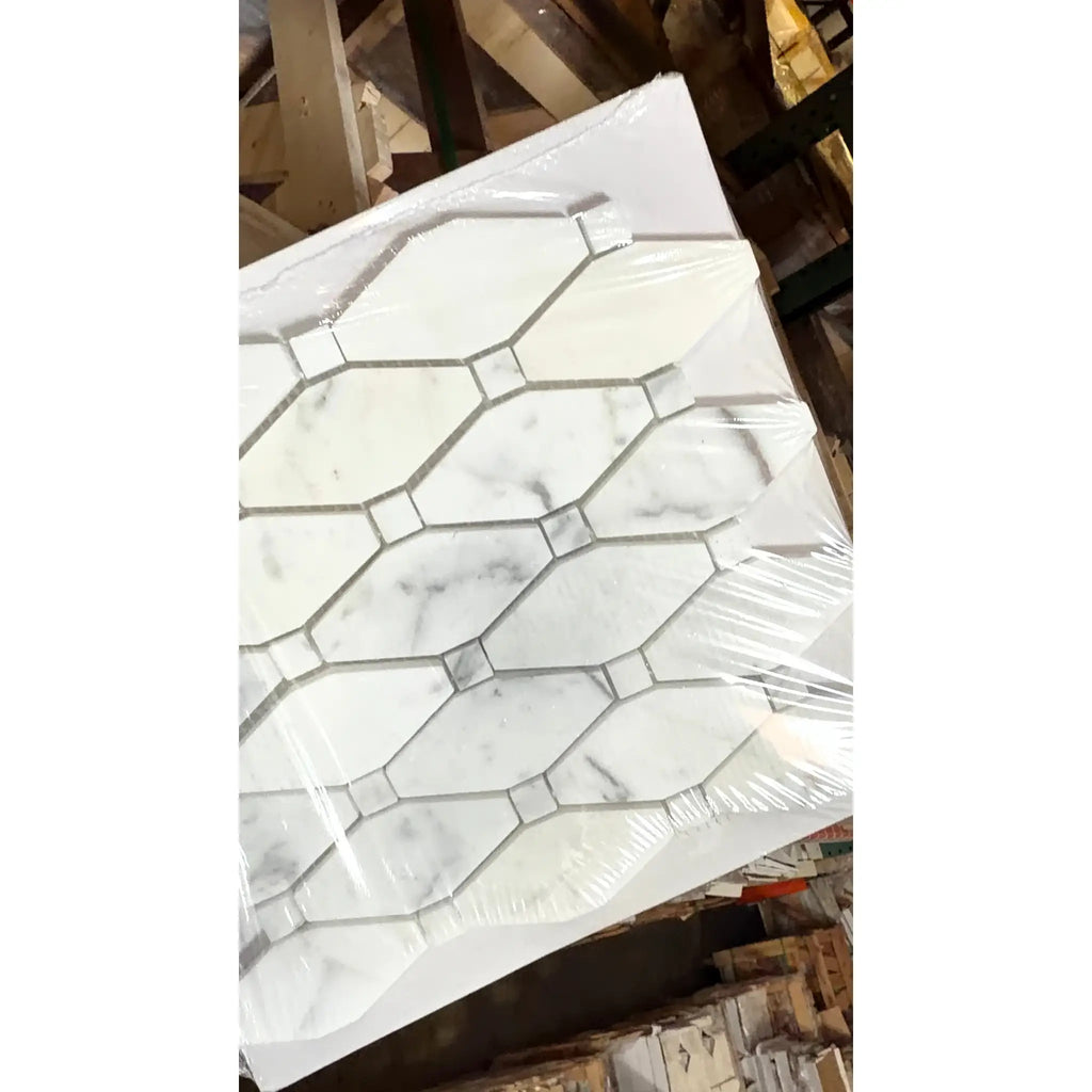 White marble mosaic tile with geometric hexagonal pattern and subtle gray veining calacatta gold octave mosaic tile polished or honed
