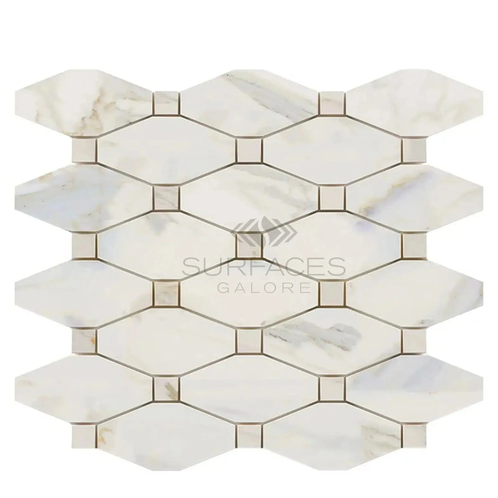 White marble mosaic tile featuring Calacatta Gold Octave design in polished finish