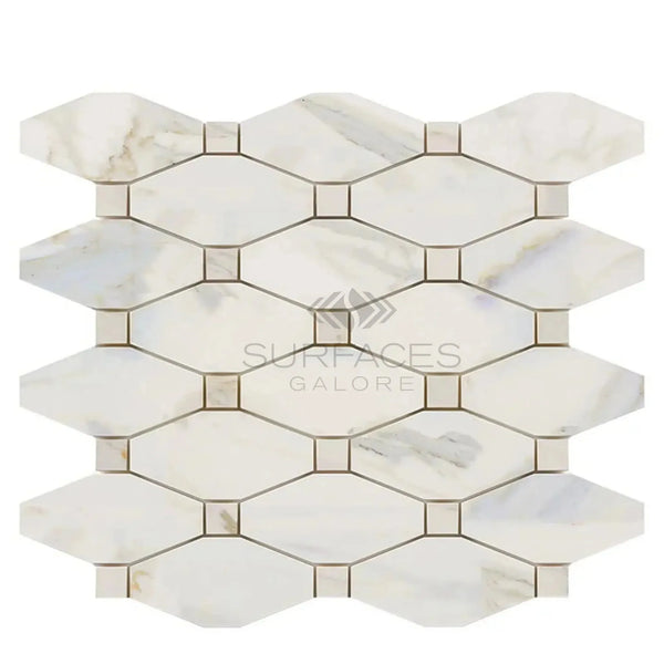 White marble mosaic tile featuring Calacatta Gold Octave design in polished finish
