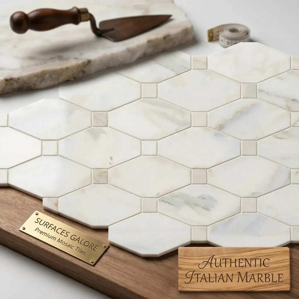 White hexagonal mosaic tile with subtle gray veining made from authentic italian calacatta gold marble polished or honed