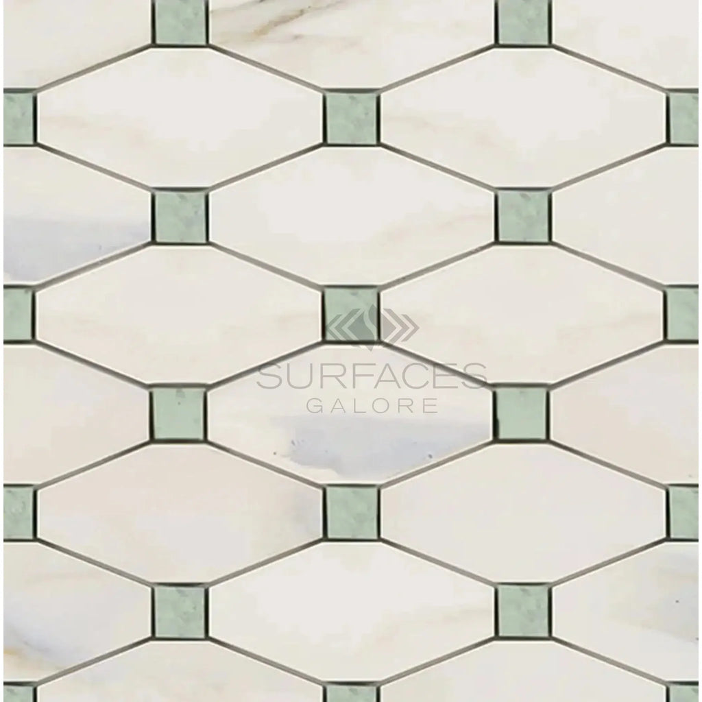 Calacatta Gold Octave Long Octagon Mosaic Marble Tile with Ming Green geometric pattern