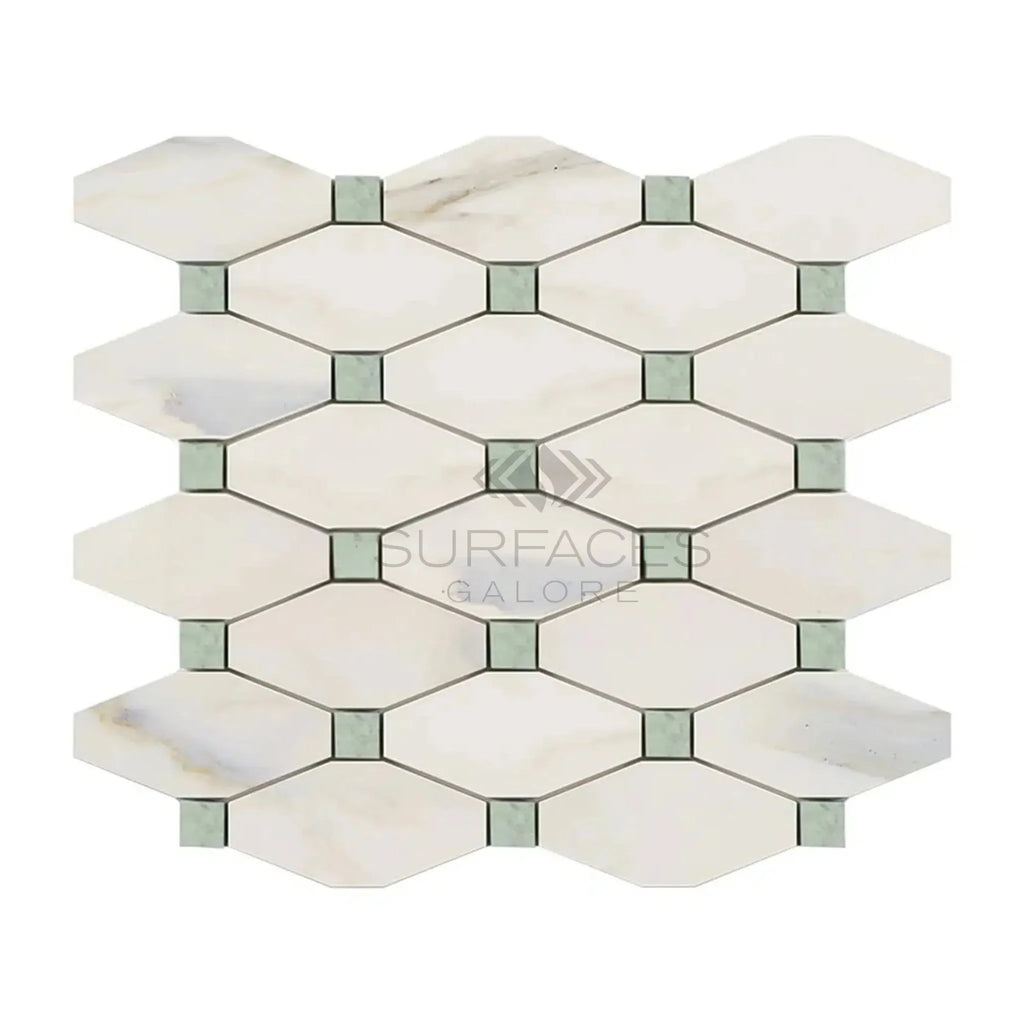Decorative marble tile mosaic featuring Calacatta Gold Octave with Ming Green accents