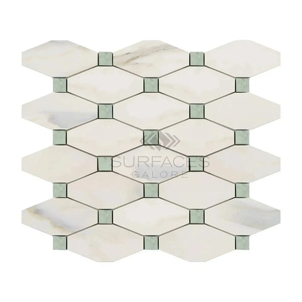 Decorative marble tile mosaic featuring Calacatta Gold Octave with Ming Green accents