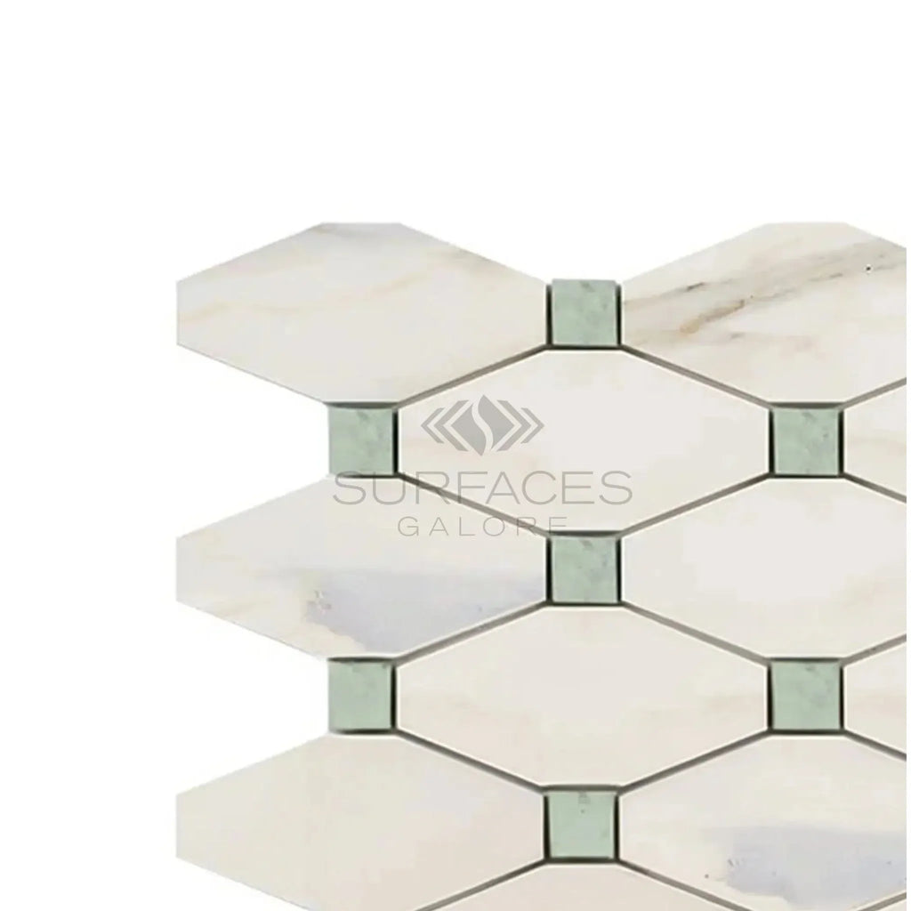 White and green geometric tile pattern of Calacatta Gold Octave Mosaic Marble Tile
