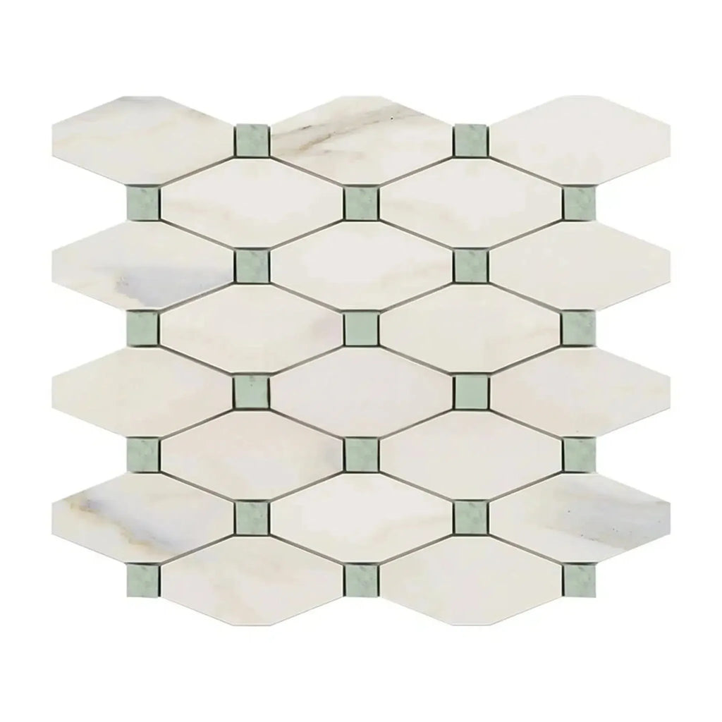 Calacatta Gold Octave Mosaic Marble Tile with Ming-Green Accent in Decorative Design