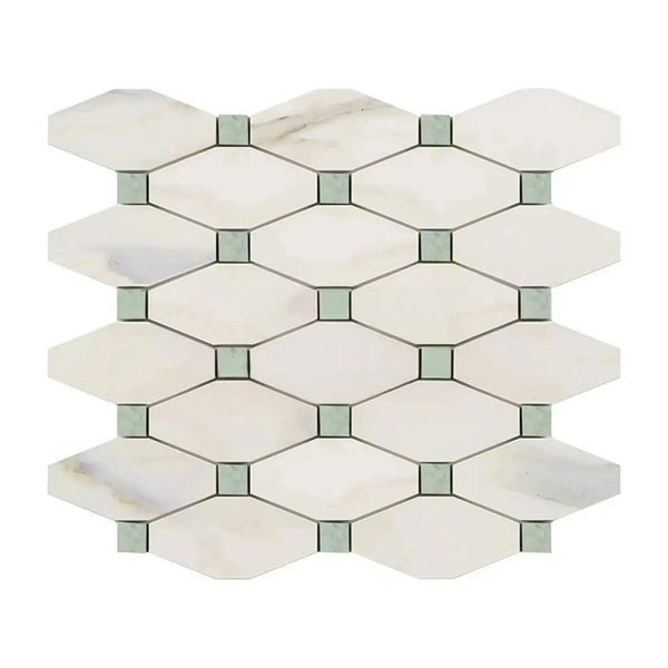 Calacatta Gold Octave Mosaic Marble Tile with Ming-Green Accent in Decorative Design
