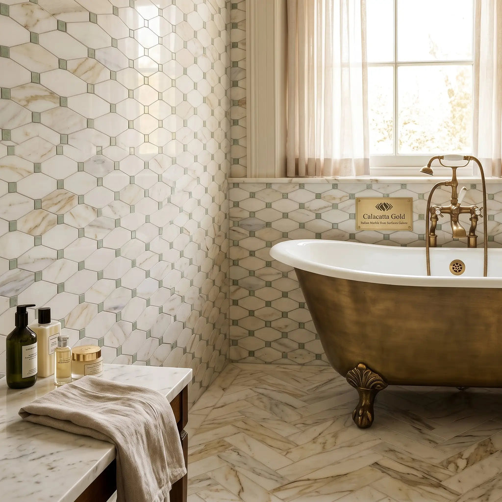Antique brass clawfoot bathtub with white porcelain interior and ornate feet beside calacatta gold octave mosaic marble tile