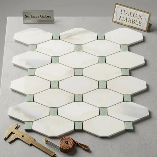 Calacatta gold octave polished white italian marble hexagonal mosaic tile with ming green accent squares