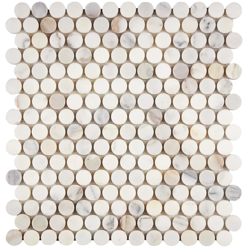 Calacatta Gold Penny-Round Mosaic Marble Tile Sheet in Polished or Honed Finish