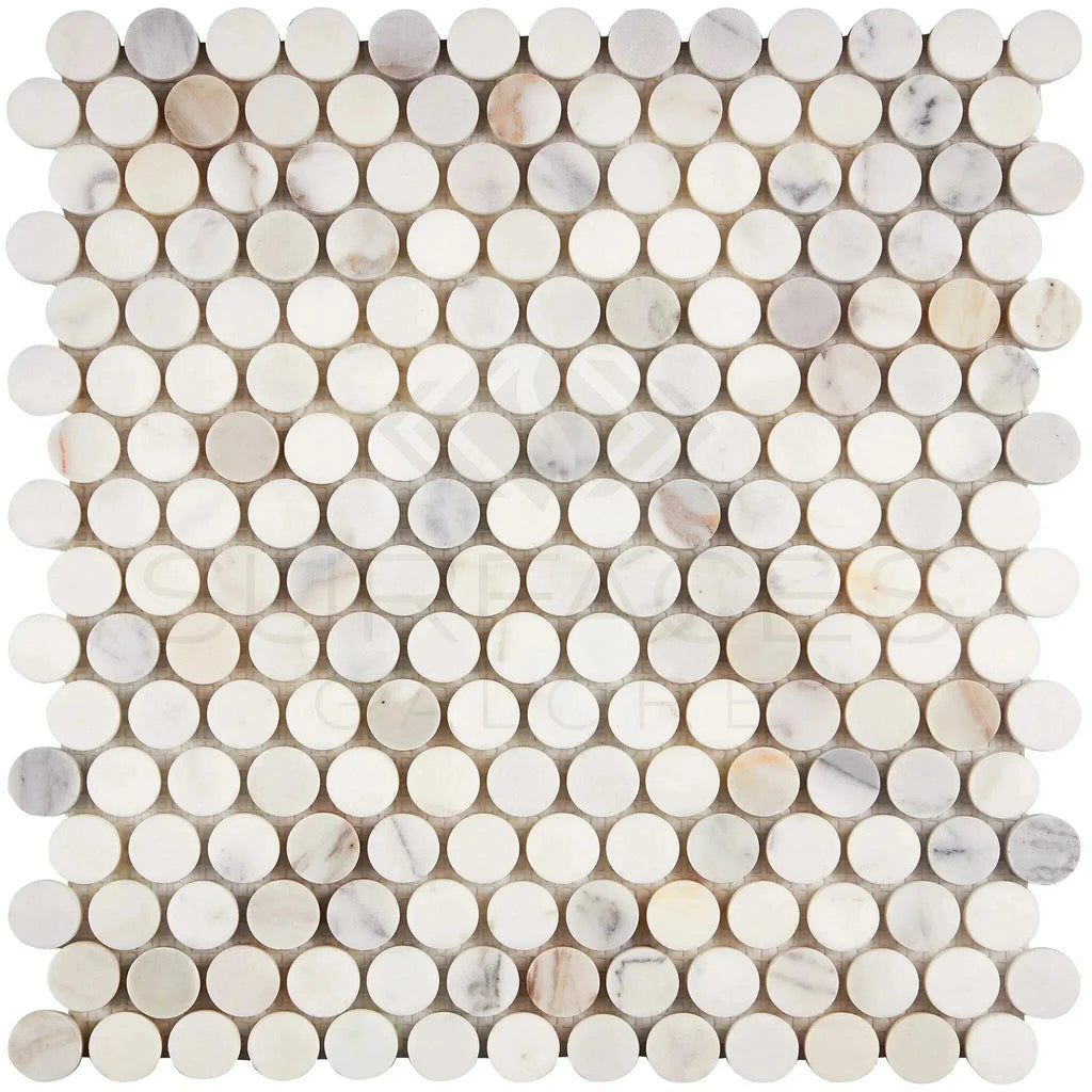 Calacatta Gold Penny-Round Mosaic Marble Tile Sheet in Polished or Honed Finish