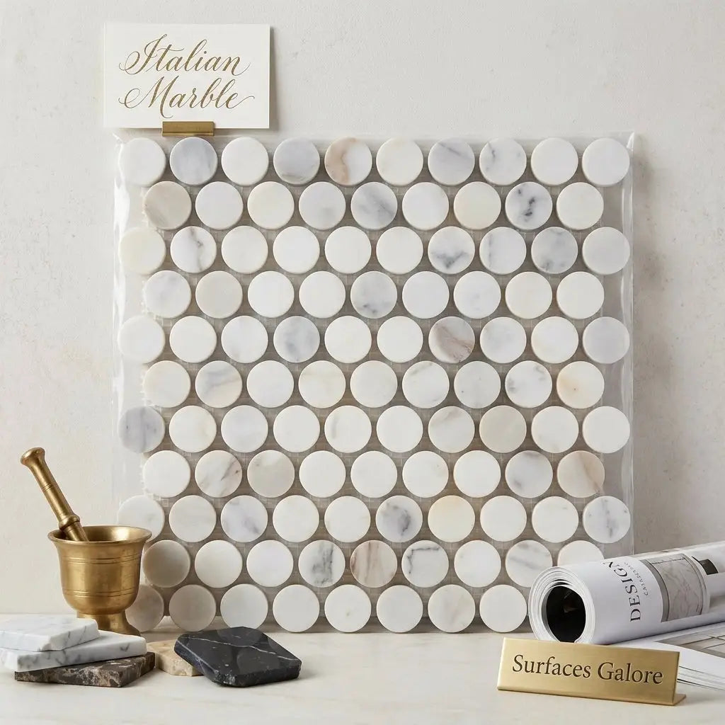 Calacatta gold penny-round mosaic marble tile sheet with white circular tiles and subtle gray veining polished or honed