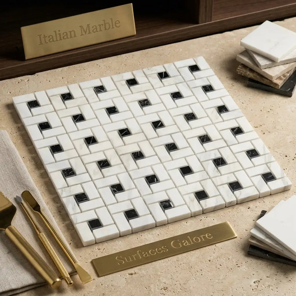 White marble mosaic tile with black veined calacatta gold pinwheel pattern in polished or honed finish