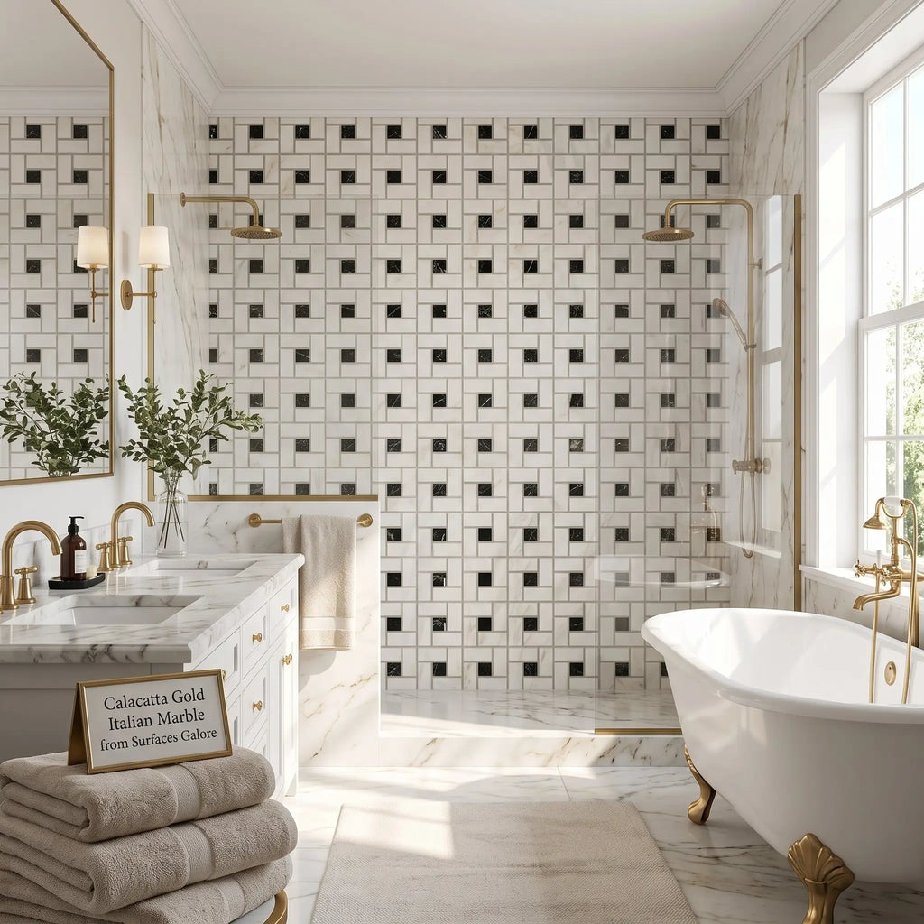 Calacatta gold pinwheel black mosaic marble tile polished or honed with white and black grid pattern wall design