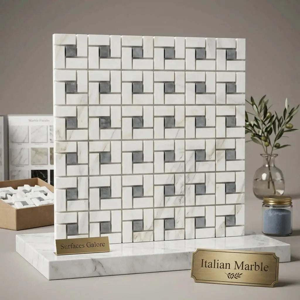 White and gray italian marble mosaic tile panel with woven pattern calacatta gold pinwheel polished or honed