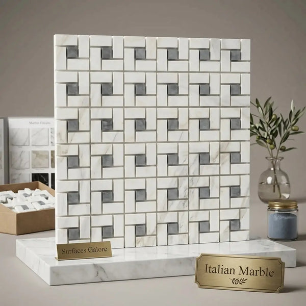 White and gray italian marble mosaic tile panel with woven pattern calacatta gold pinwheel polished or honed