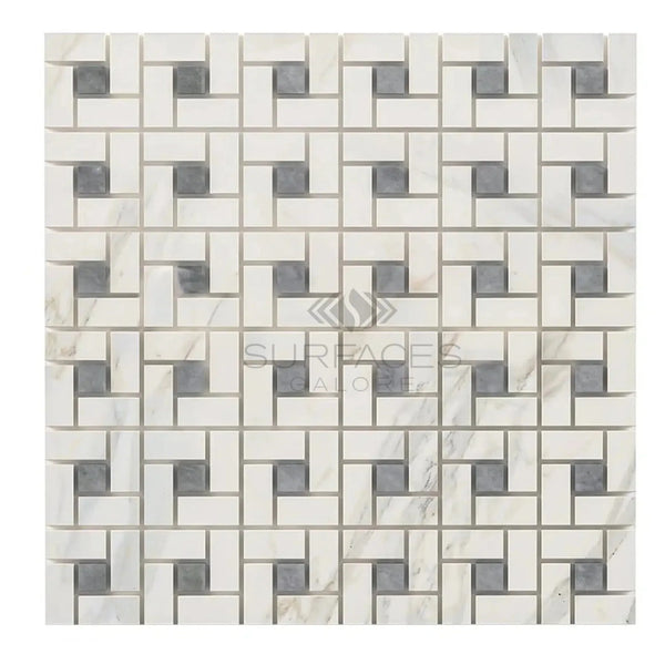 Calacatta Gold Pinwheel Mosaic Marble Tile featuring a Blue-Gray pattern