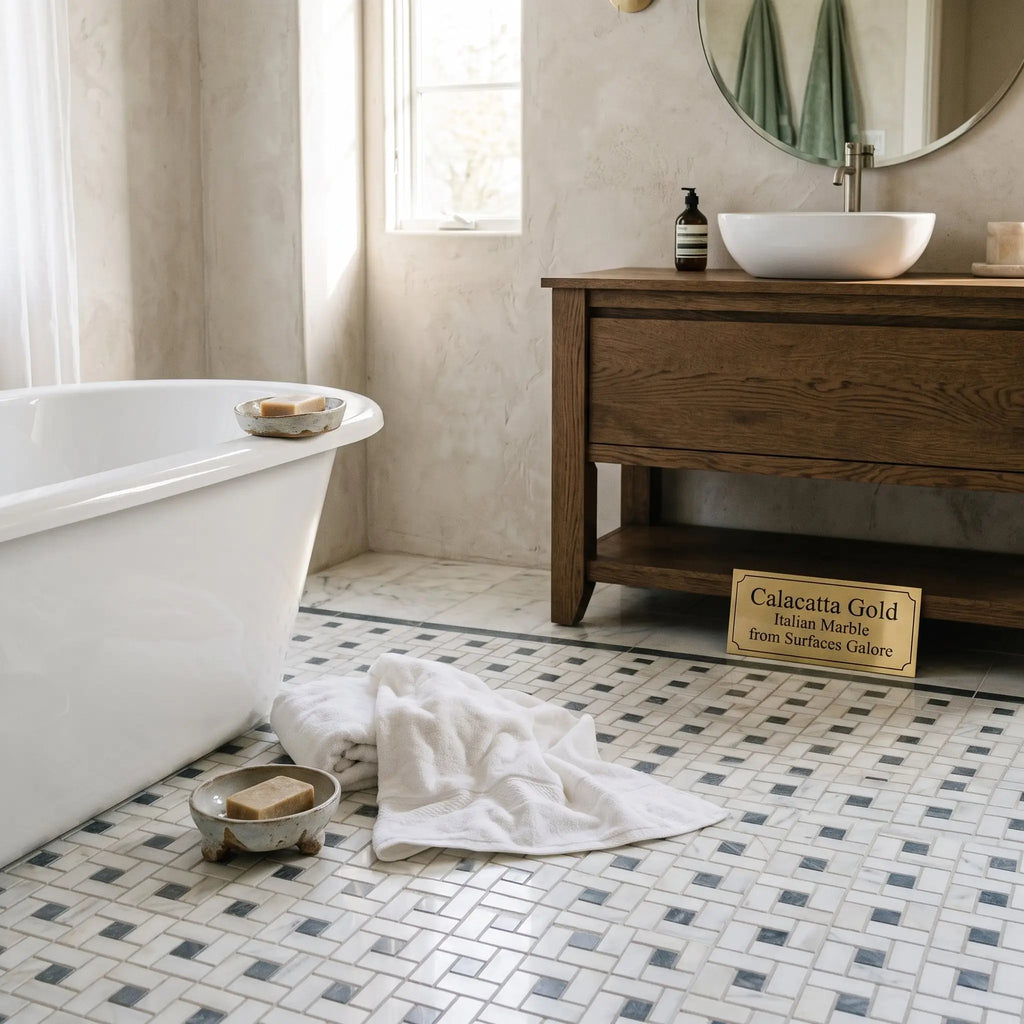 White freestanding bathtub with smooth glossy finish showcased on calacatta gold pinwheel blue-gray mosaic marble tile
