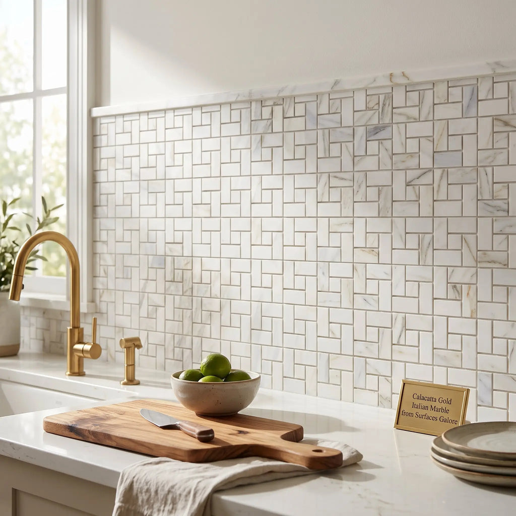 White italian marble calacatta gold subway tile backsplash with subtle gray veining in herringbone pattern polished