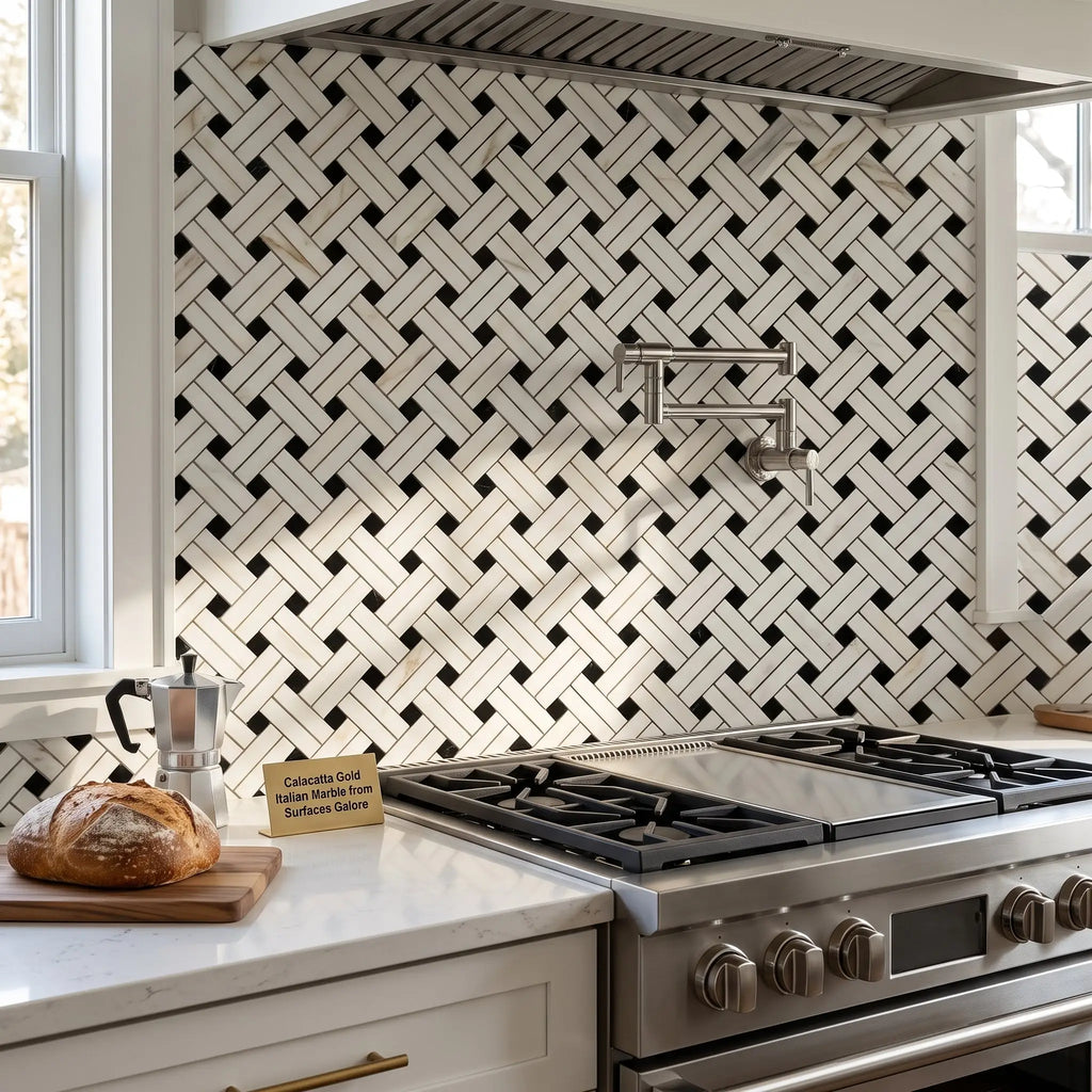 Calacatta gold stanza black mosaic marble tile with white and black herringbone kitchen backsplash pattern polished