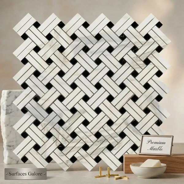 Calacatta gold stanza black mosaic marble tile polished or honed in white and black herringbone pattern