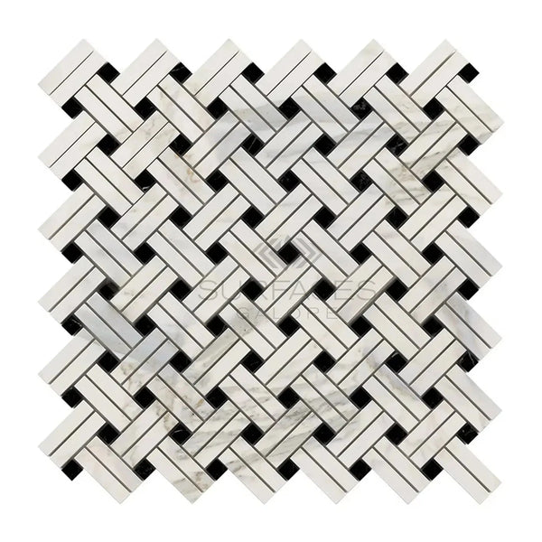 Woven Calacatta Gold Stanza marble and black tile mosaic in polished or honed finish